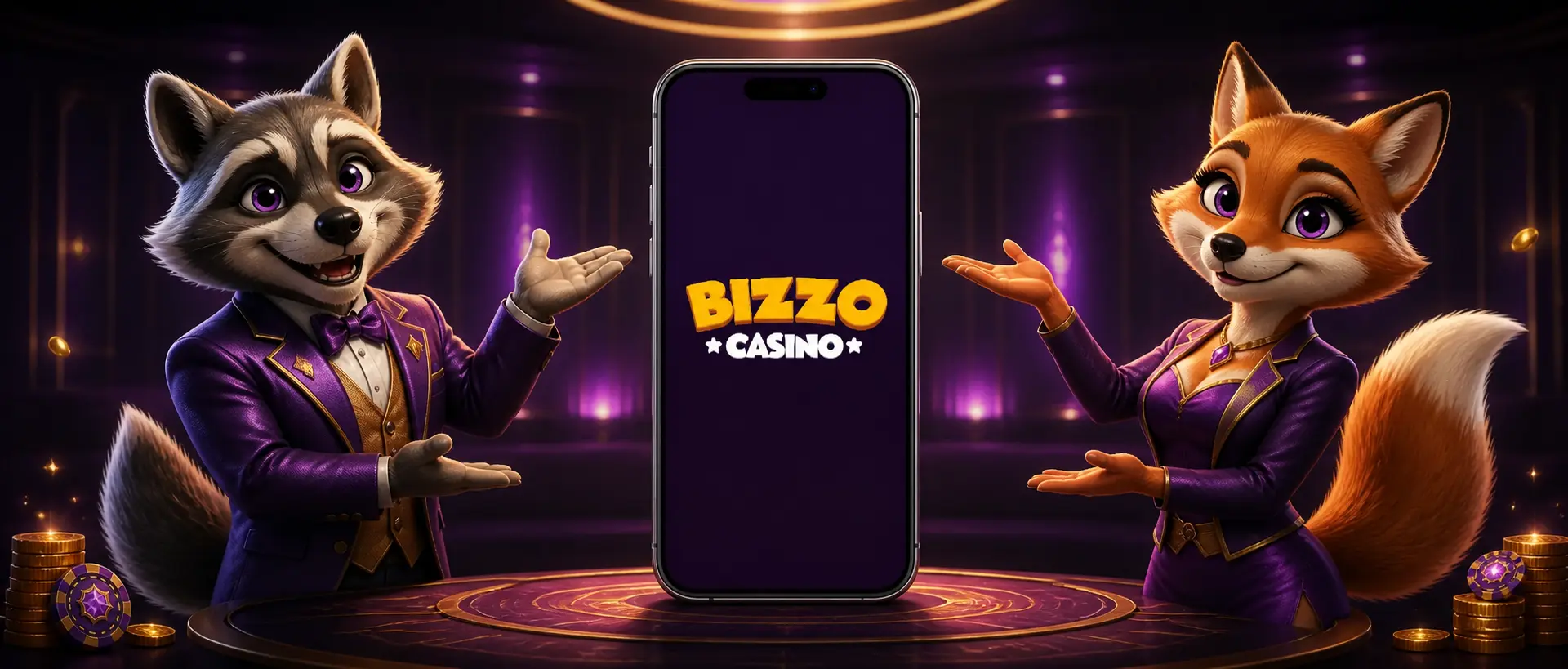 Bizzo Casino App auf einem Smartphone zwischen lächelnden Tiermaskottchen